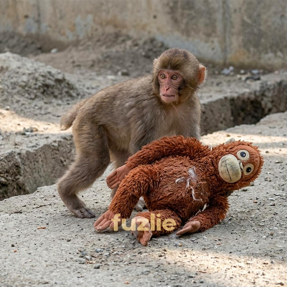 Real monkey interacting with a plush monkey toy on a concrete surface.