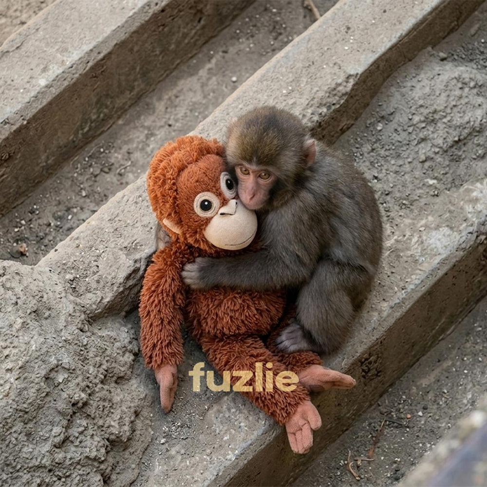 Baby monkey hugging a stuffed monkey toy on stone steps with 'fuzlie' branding.